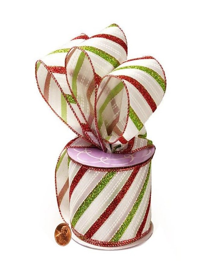 GiftWrap Etc. Holiday Wired Christmas Tree Ribbon - 2 1/2" x 10 Yards, Red and Green Glitter Stripes on White, Garland, Gifts, Wrapping, Wreaths, Boxing Day, Fundraiser - Image 2